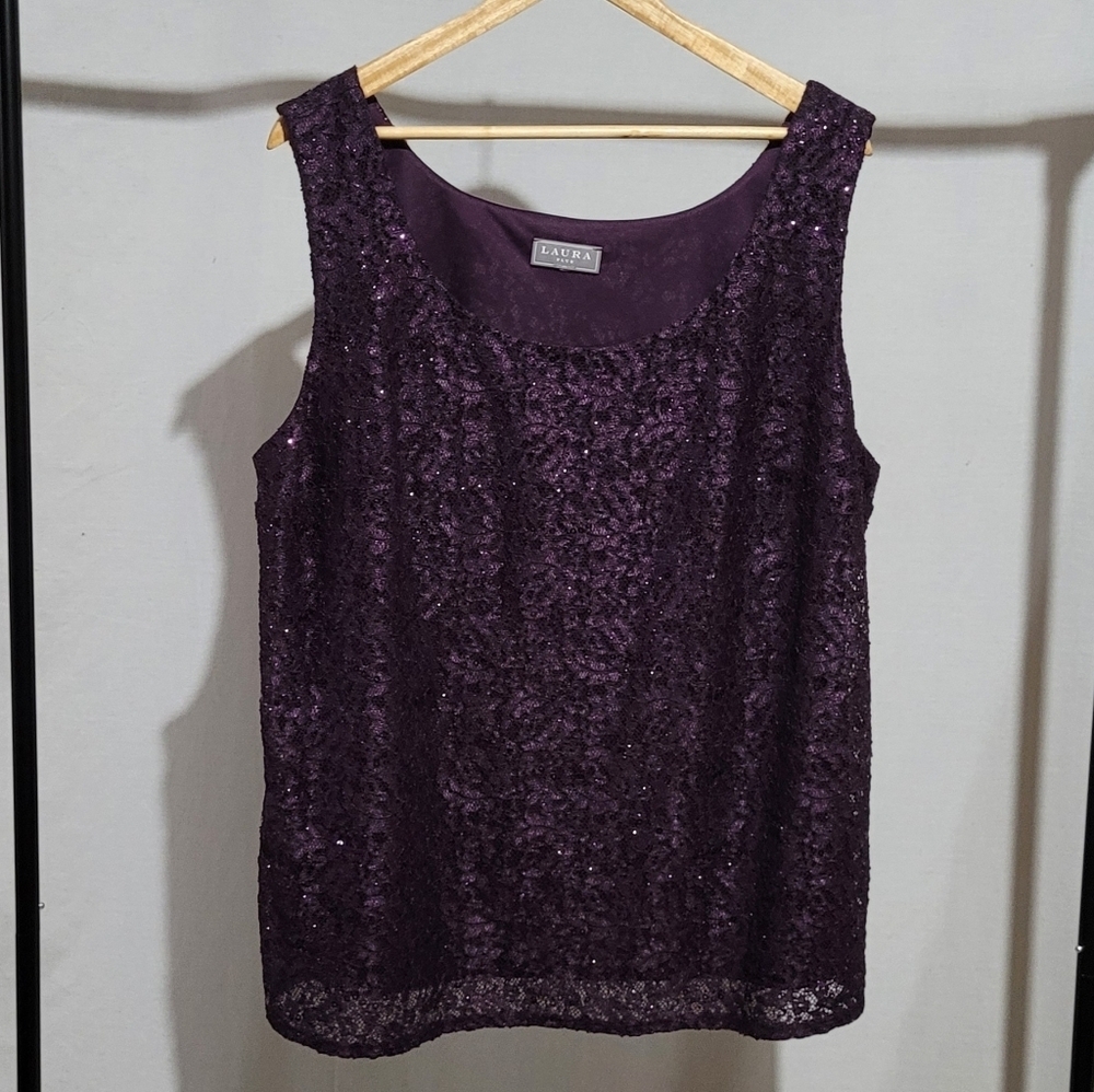 Laura Plus blouse 3X purple sequin metallic sleeveless lacy evening formal top